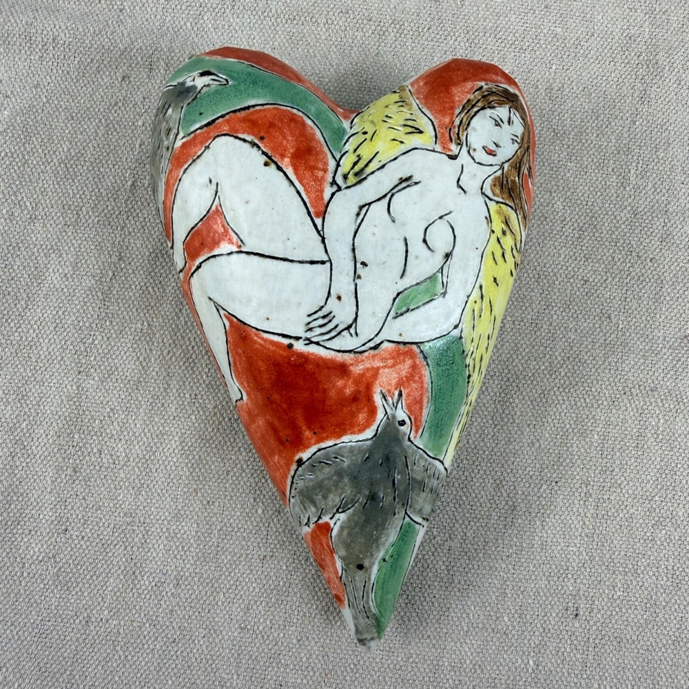 Julius Forzano Studio Art Pottery Ceramic Heart Sgraffito Angel Bird Sculpture